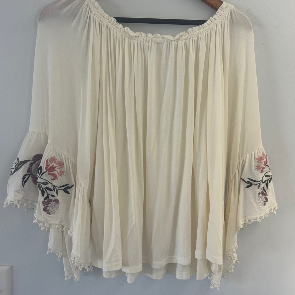 Xhilaration Cream and Pink Ruffled Bell Sleeve Blouse